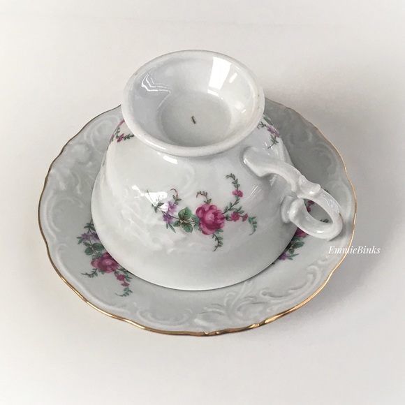 Vintage 1940’s Wawel Fine Porcelain China Poland Rose Garden Gold Trim Cup Set - Picture 3 of 16